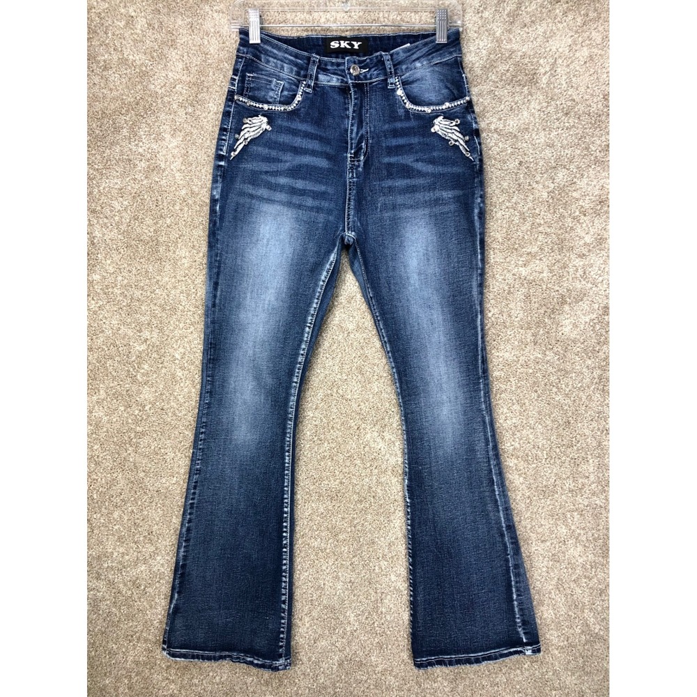 SKY Embellished Hi Rise Bootcut Flare Jeans Women 9 Dark Wash Stretch Y2K Denim - Picture 2 of 11
